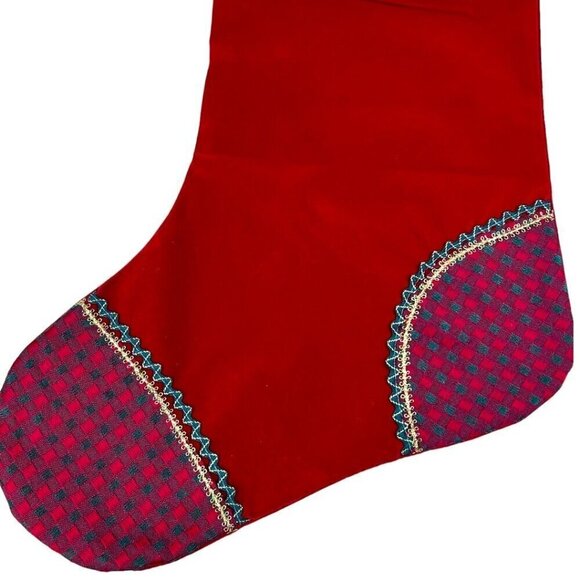 Santa Red Velour Christmas Stocking 3D Porcelain Face Glasses Bell Plaid Vest 24 - Picture 5 of 8